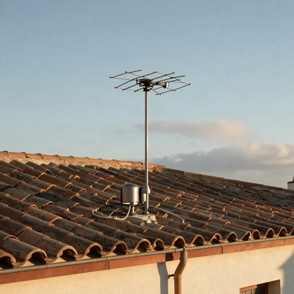 Antena TDT recién instalada en tejado de apartamento con cableado limpio y cielo despejado.