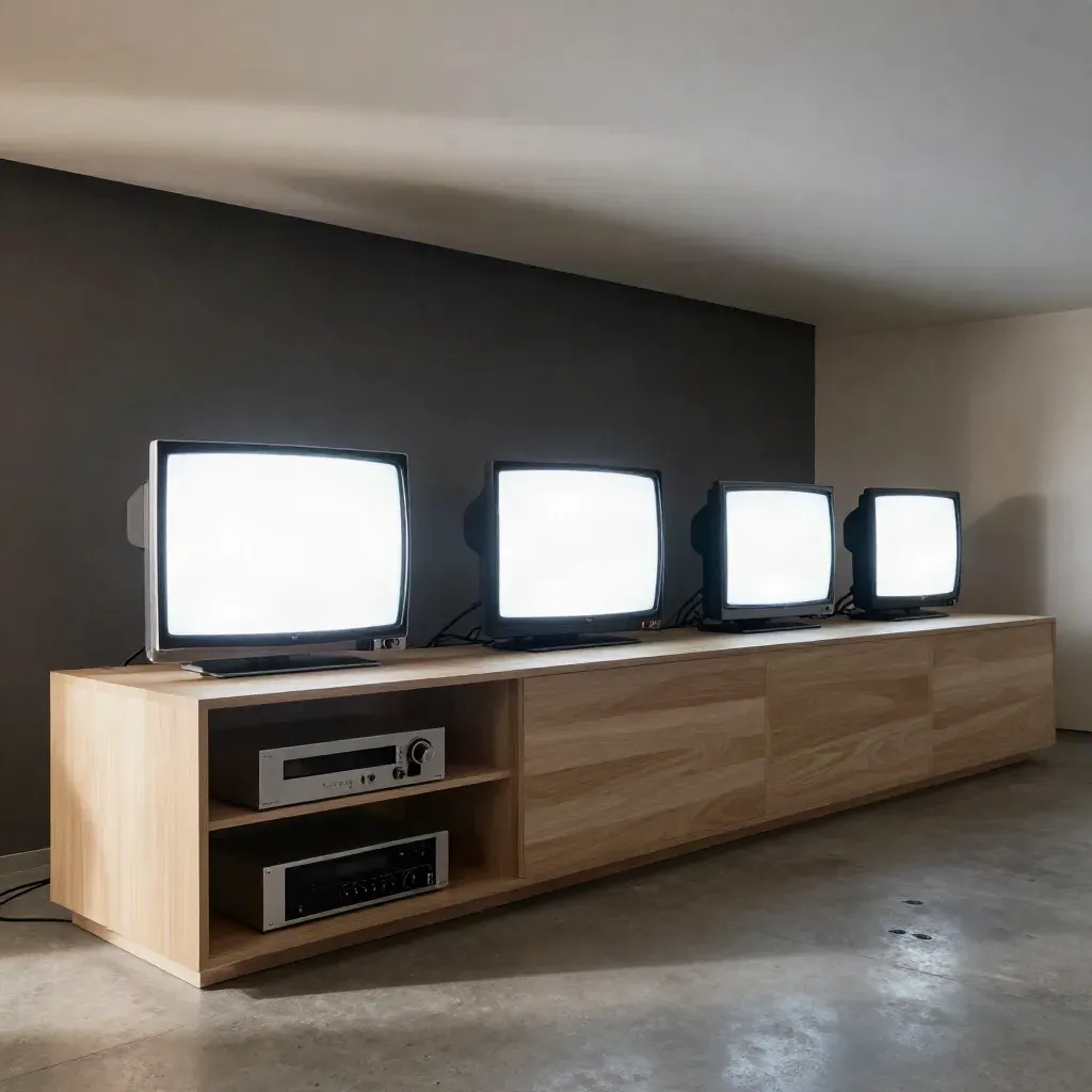 Local sevillano con tres televisores encendidos, decoder y cableado limpio bajo luz dramática.