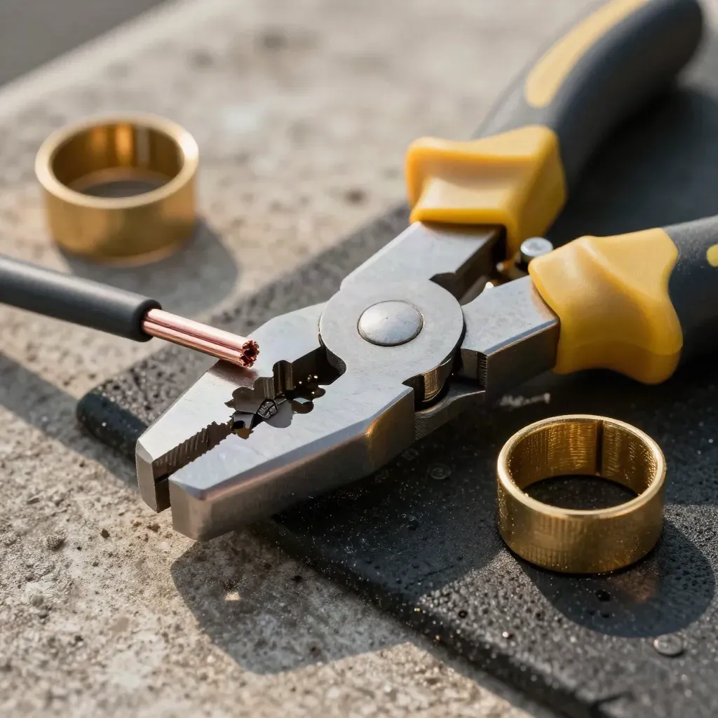 Pliers de crimpado, conector coaxial y abrazadera de cobre sobre alfombrilla de trabajo.