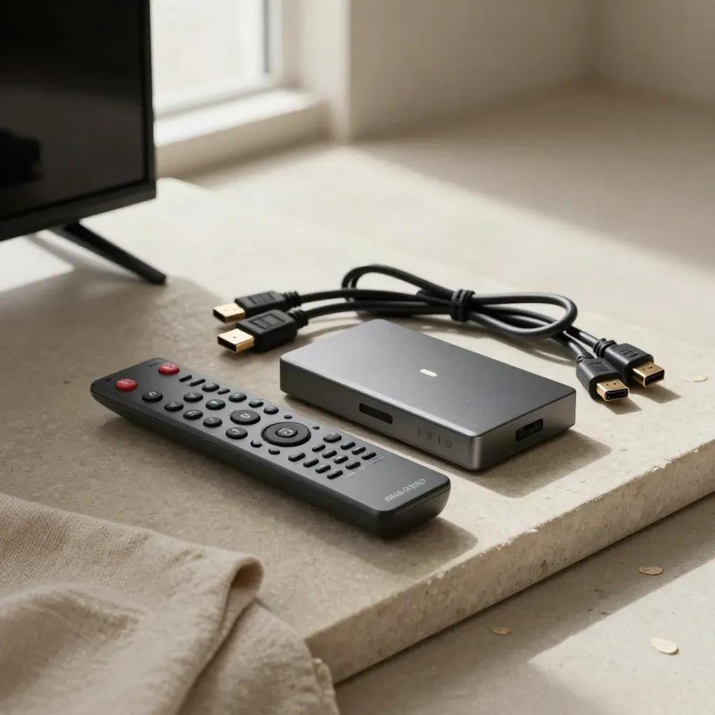 Mando, decodificador, cable HDMI y borde de TV sobre bandeja de piedra, luz suave.