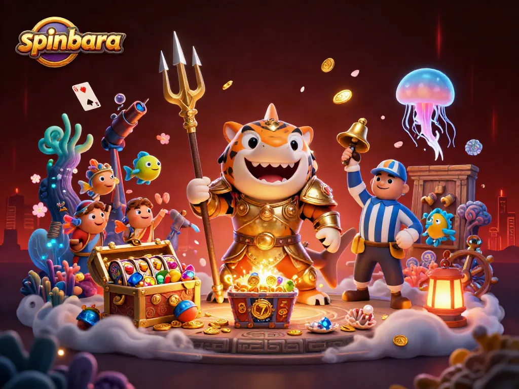Spinbara casino scene featuring a colorful tiger shark and energetic slot game elements.