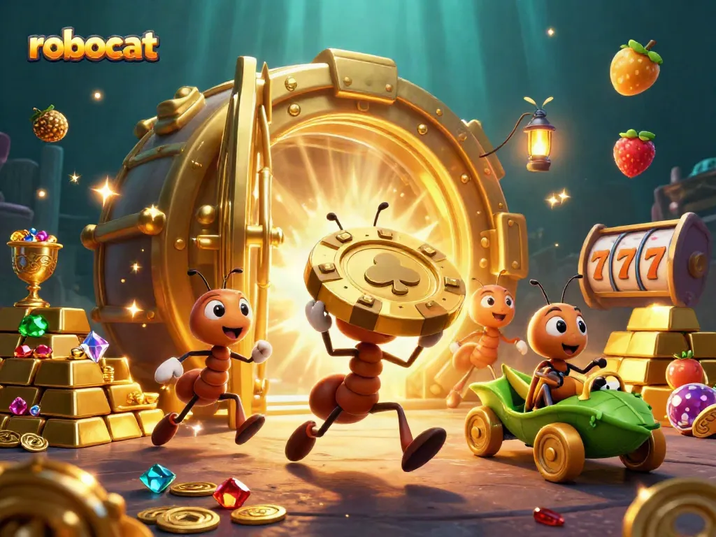 robocat-themed ants pulling a giant poker chip in a vibrant casino heist scene filled with gold.