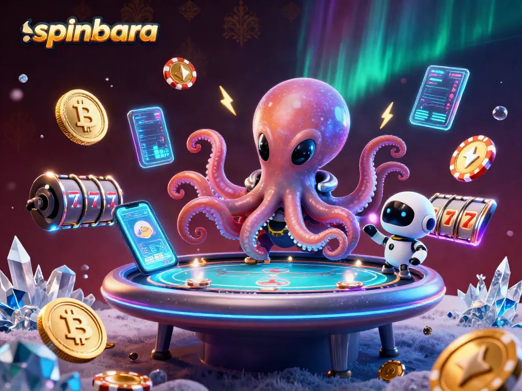 Experience thrilling poker action with spinbara as an alien octopus and robot navigate a vibrant casino.